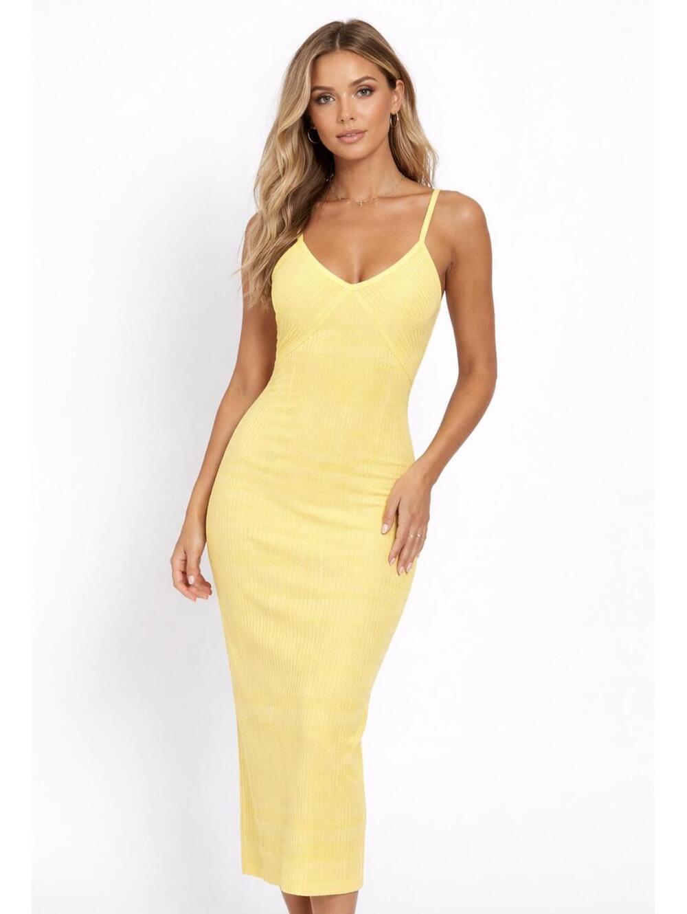 NWT House of Harlow 1960 Lemon Yellow Ribbed Knit Boho Vacation Bodycon Dress